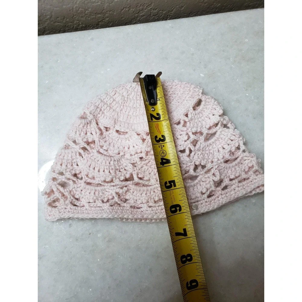 Handmade Crochet Chain Mesh Beanie Knit Cottage Mystic Fairy Lacy Coquette Pink